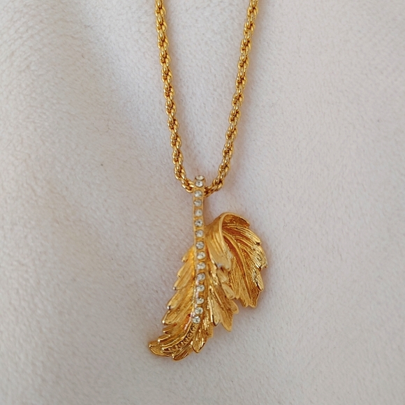 Vintage Givenchy Gold Tone Feather with Rhinestone Necklace - Picture 5 of 12